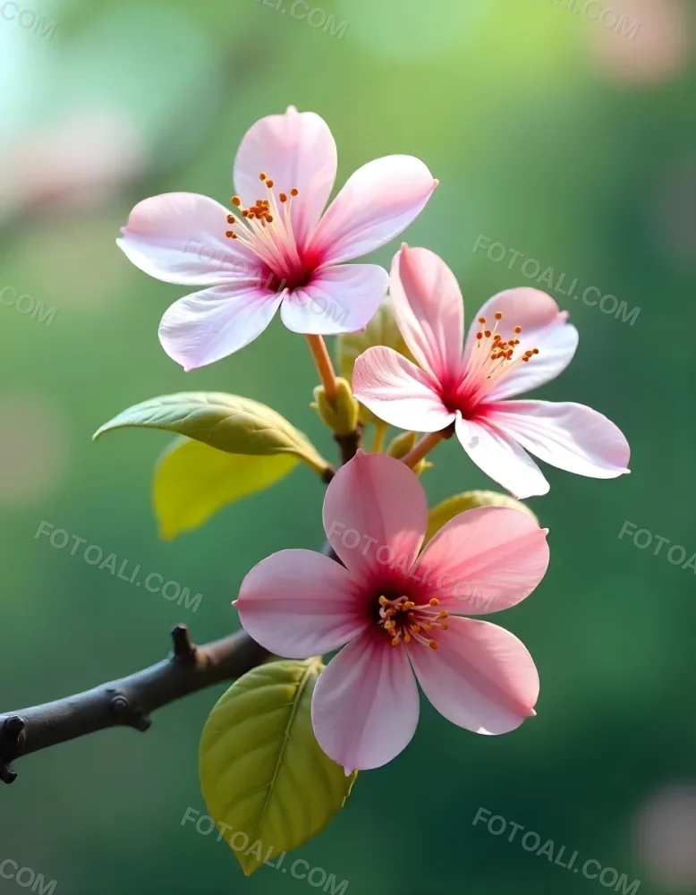 Pink Flowers With Pink Stamens And Yellow Leaves On A Branch With A Blurred Pink Background 73 60bc