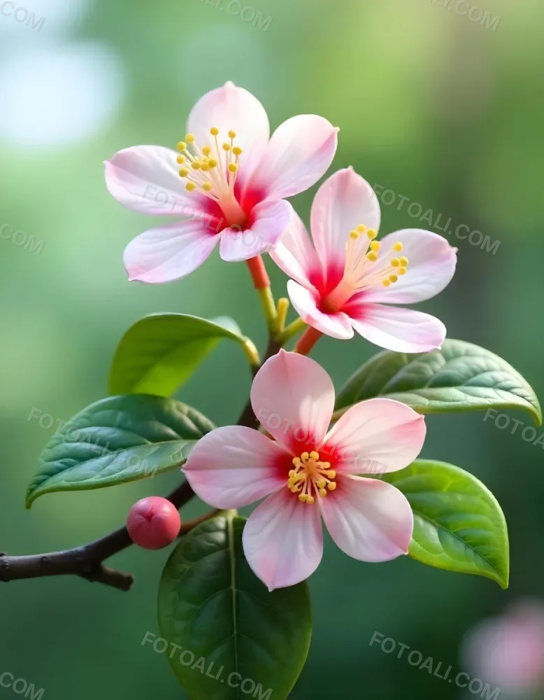 Pink Flowers With Pink Stamens And Yellow Leaves On A Branch With A Blurred Pink Background 74 A718