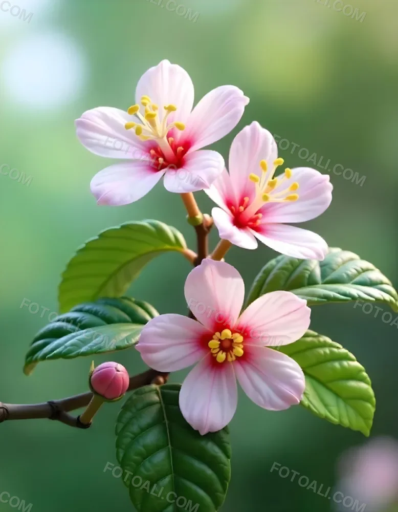Pink Flowers With Pink Stamens And Yellow Leaves On A Branch With A Blurred Pink Background 75 7f43