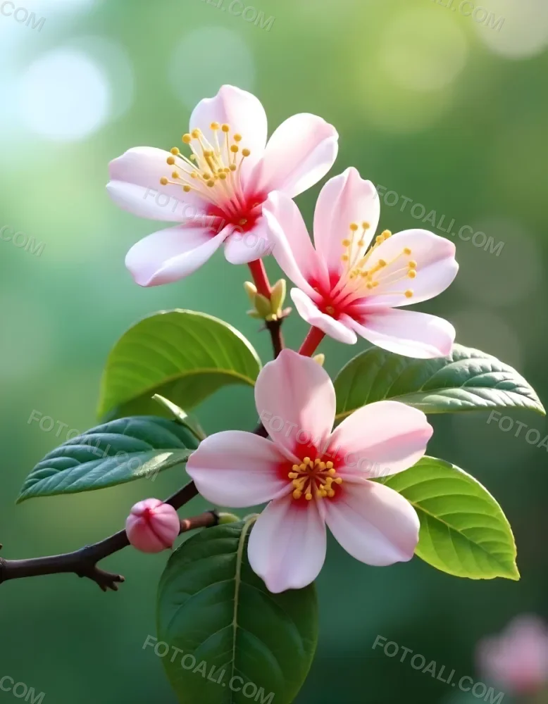 Pink Flowers With Pink Stamens And Yellow Leaves On A Branch With A Blurred Pink Background 77 2ef7