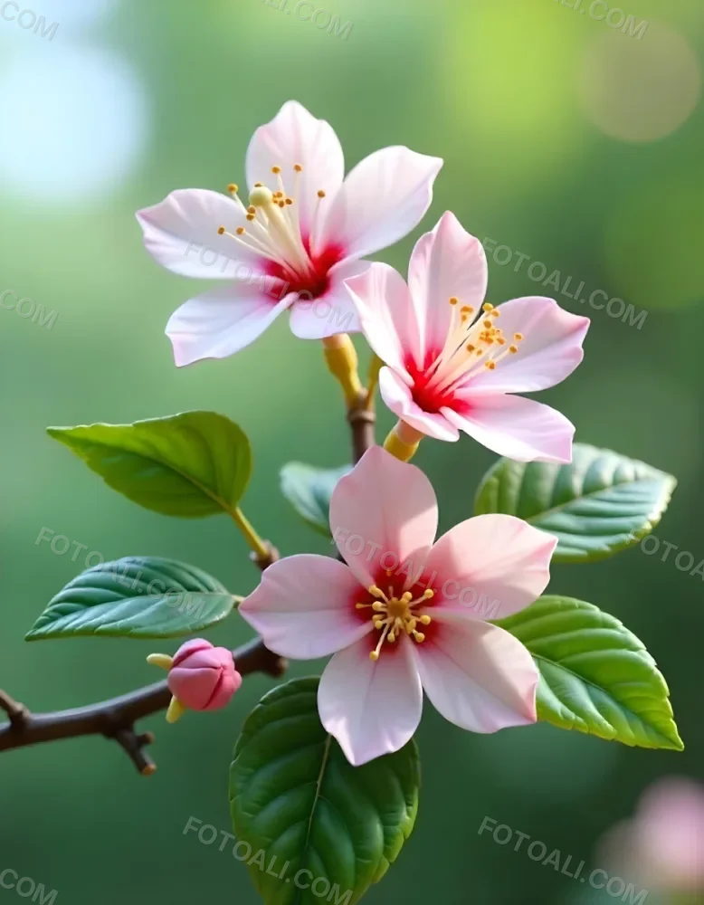 Pink Flowers With Pink Stamens And Yellow Leaves On A Branch With A Blurred Pink Background 78 Bcc7