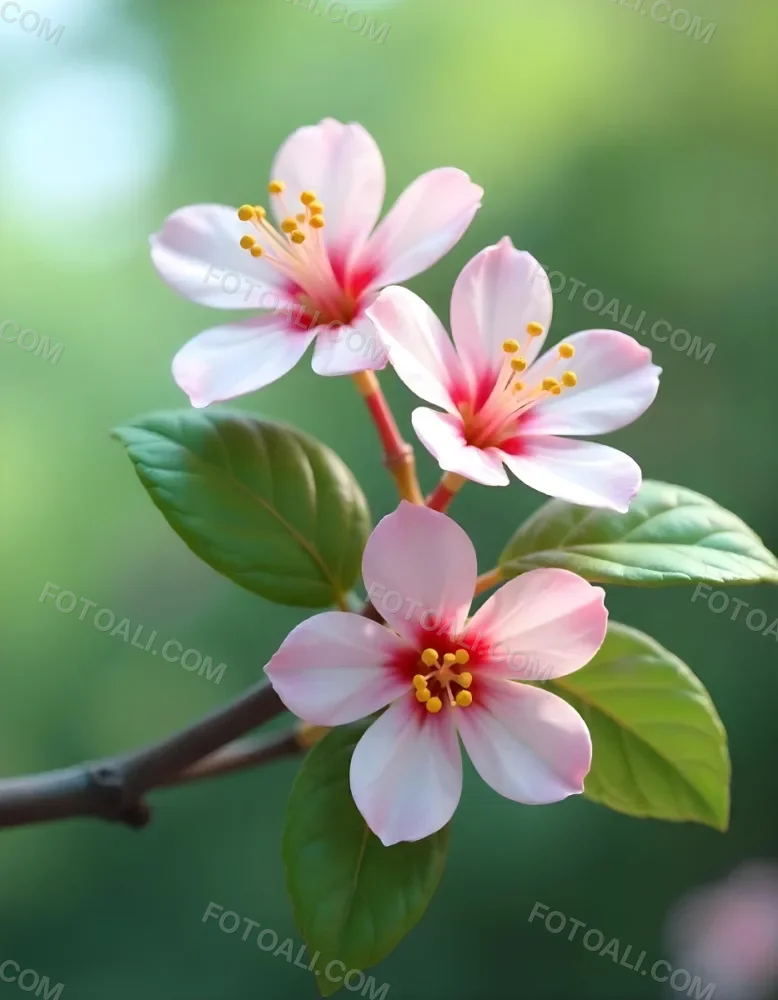 Pink Flowers With Pink Stamens And Yellow Leaves On A Branch With A Blurred Pink Background 79 5cbb