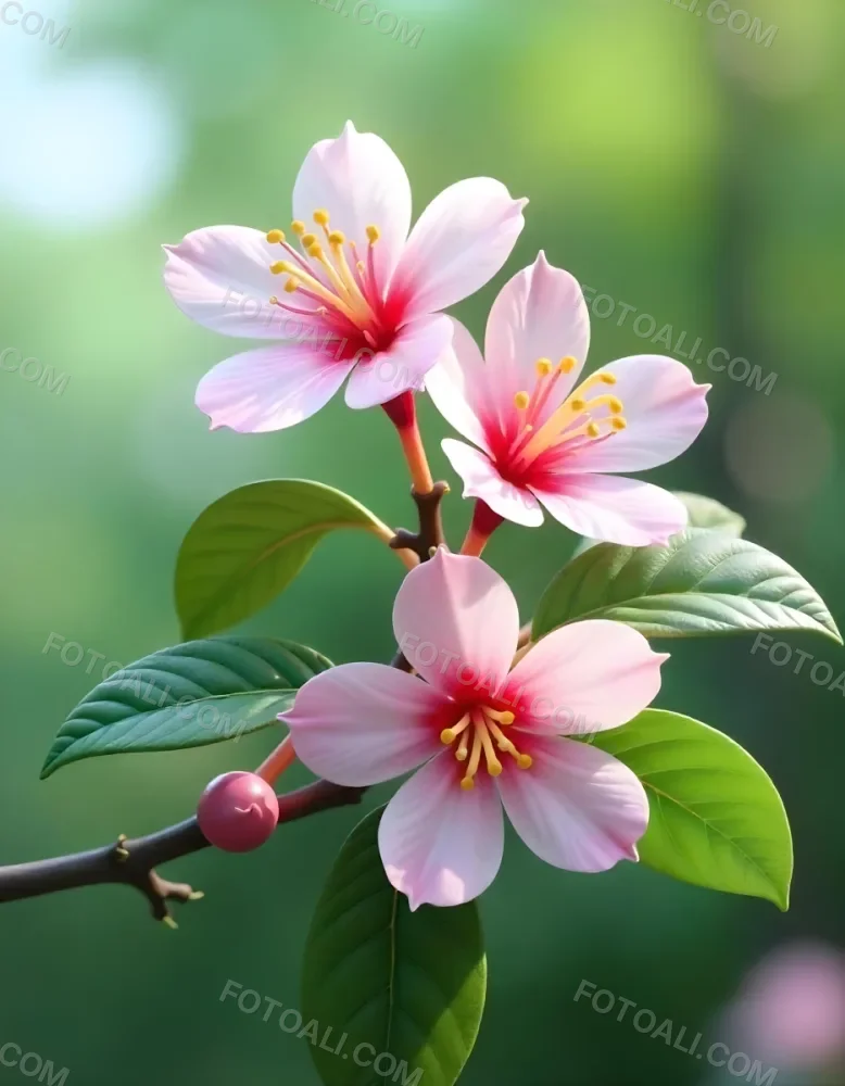 Pink Flowers With Pink Stamens And Yellow Leaves On A Branch With A Blurred Pink Background 8 6221