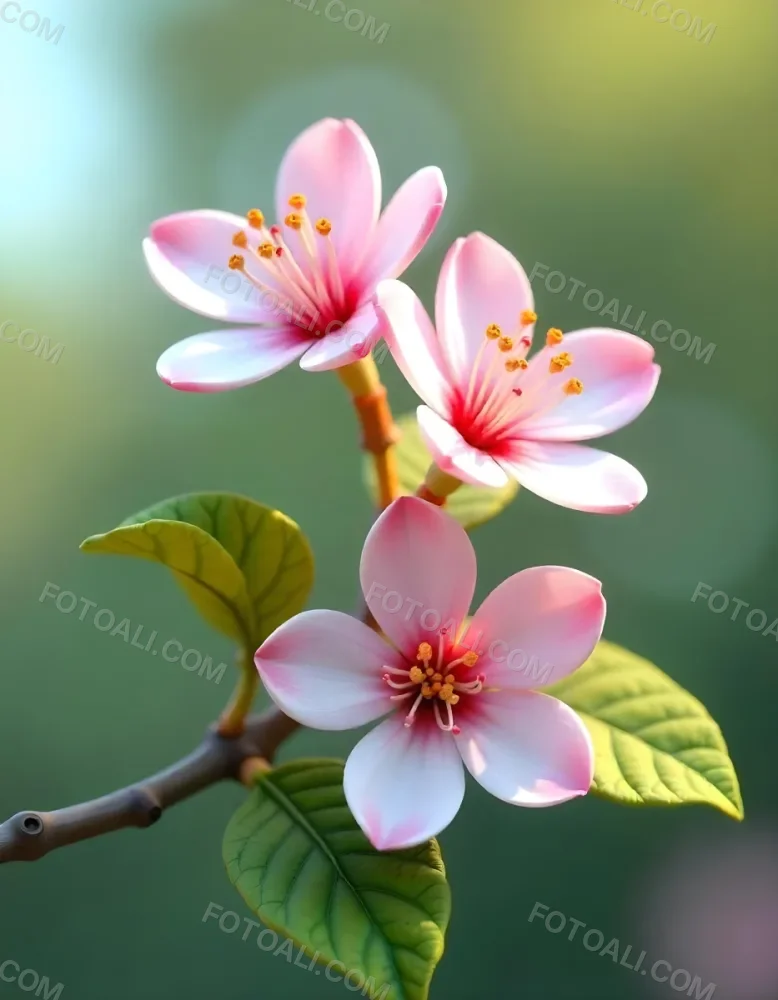 Pink Flowers With Pink Stamens And Yellow Leaves On A Branch With A Blurred Pink Background 80 A571
