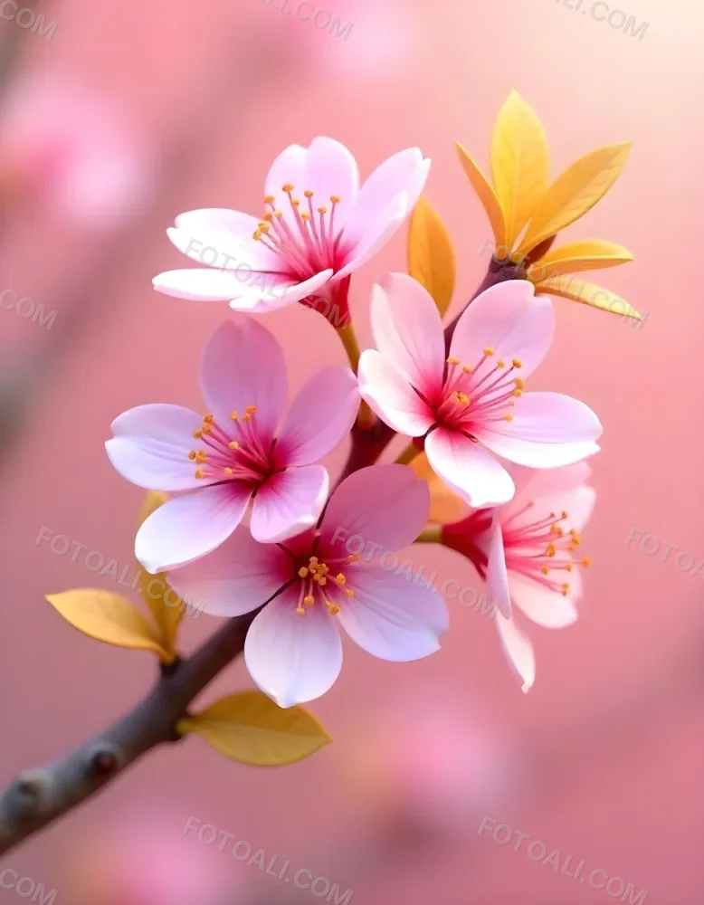 Pink Flowers With Pink Stamens And Yellow Leaves On A Branch With A Blurred Pink Background 9 6438