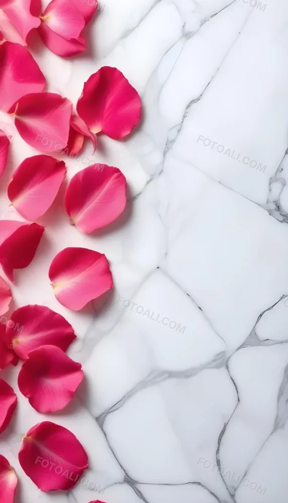 Pink Rose Petals Scattered On A White Marble Surface The Petals Are Vibrant And Fresh Creating A Visually Appealing Contrast Against The Smooth Surface 26 7e70