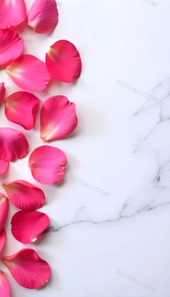 Pink Rose Petals Scattered On A White Marble Surface The Petals Are Vibrant And Fresh Creating A Visually Appealing Contrast Against The Smooth Surface 3 B201