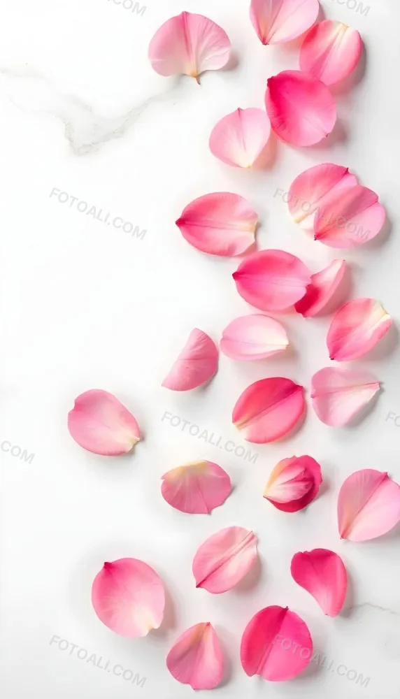 Pink Rose Petals Scattered On A White Marble Surface The Petals Are Vibrant And Fresh Creating A Visually Appealing Contrast Against The Smooth Surface 85 9628