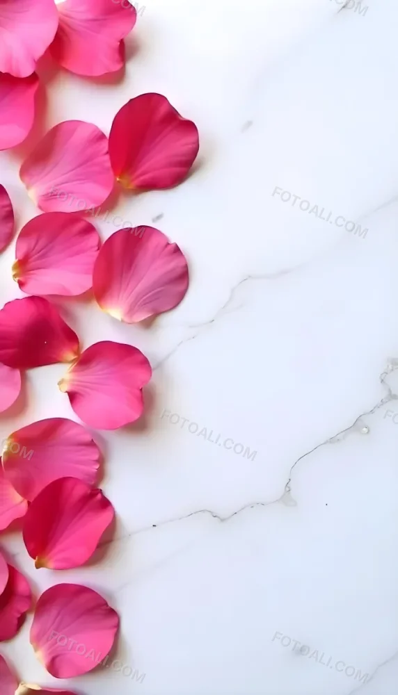 Pink Rose Petals Scattered On A White Marble Surface The Petals Are Vibrant And Fresh Creating A Visually Appealing Contrast Against The Smooth Surface 9 Eca6
