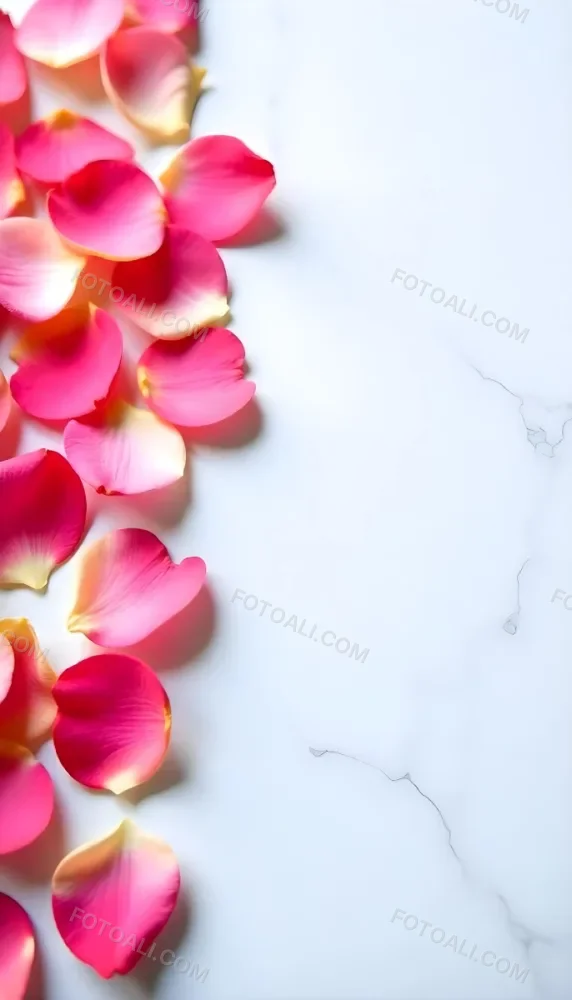 Pink Rose Petals Scattered On A White Marble Surface The Petals Are Vibrant And Fresh Creating A Visually Appealing Contrast Against The Smooth Surface 92 F086
