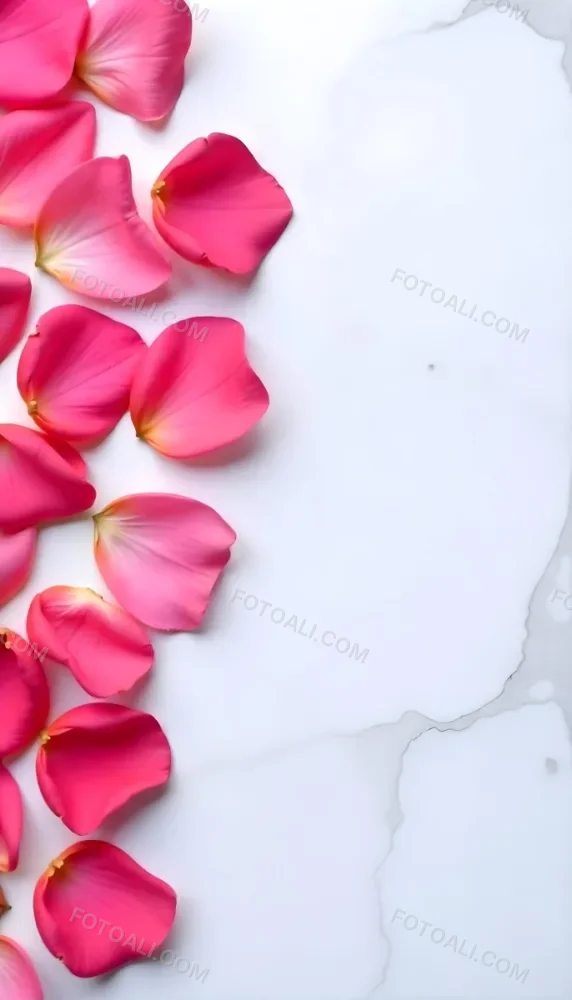 Pink Rose Petals Scattered On A White Marble Surface The Petals Are Vibrant And Fresh Creating A Visually Appealing Contrast Against The Smooth Surface 93 7c22