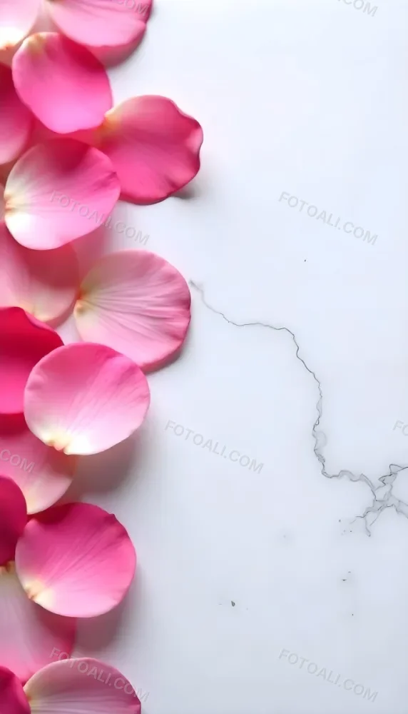 Pink Rose Petals Scattered On A White Marble Surface The Petals Are Vibrant And Fresh Creating A Visually Appealing Contrast Against The Smooth Surface 97 832f