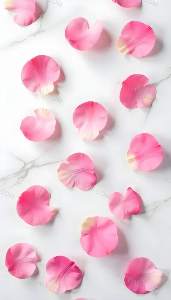 Pink Rose Petals Scattered On A White Marble Surface The Petals Are Vibrant And Fresh Creating A Visually Appealing Contrast Against The Smooth Surface 98 35ee