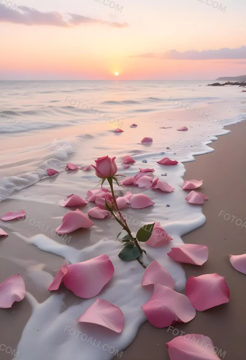 Pink Rose Petals Scattered On The Beach With The Ocean And Sunset In The Background 1 Dc67
