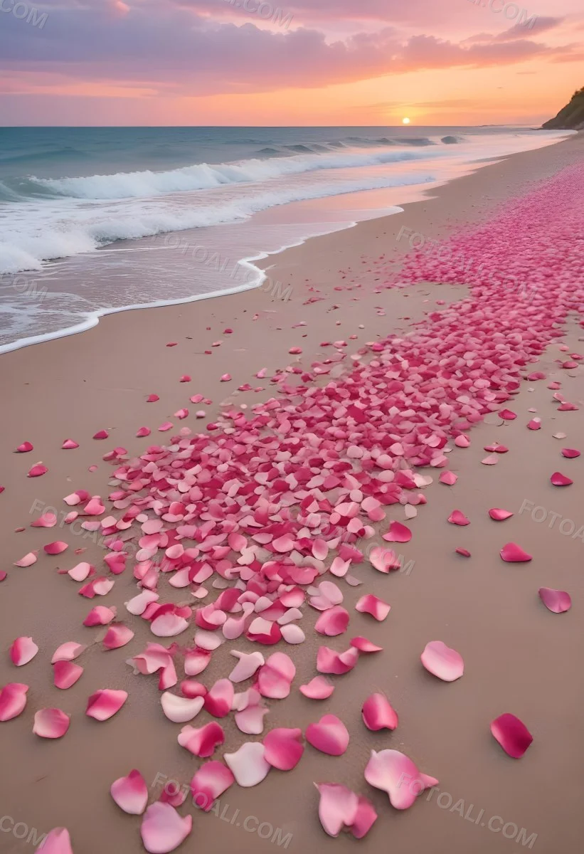 Pink Rose Petals Scattered On The Beach With The Ocean And Sunset In The Background 10 B395