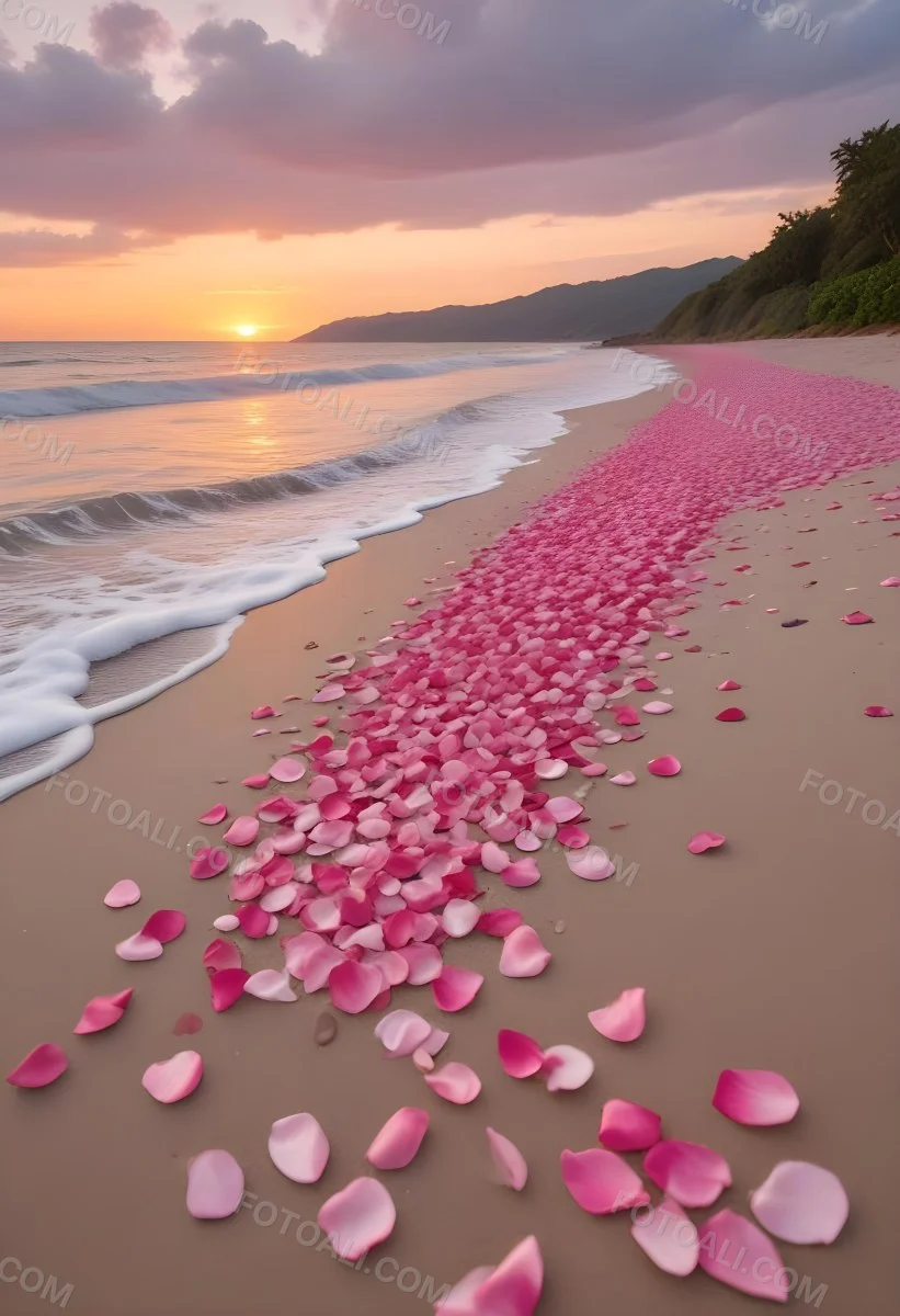 Pink Rose Petals Scattered On The Beach With The Ocean And Sunset In The Background 12 618f