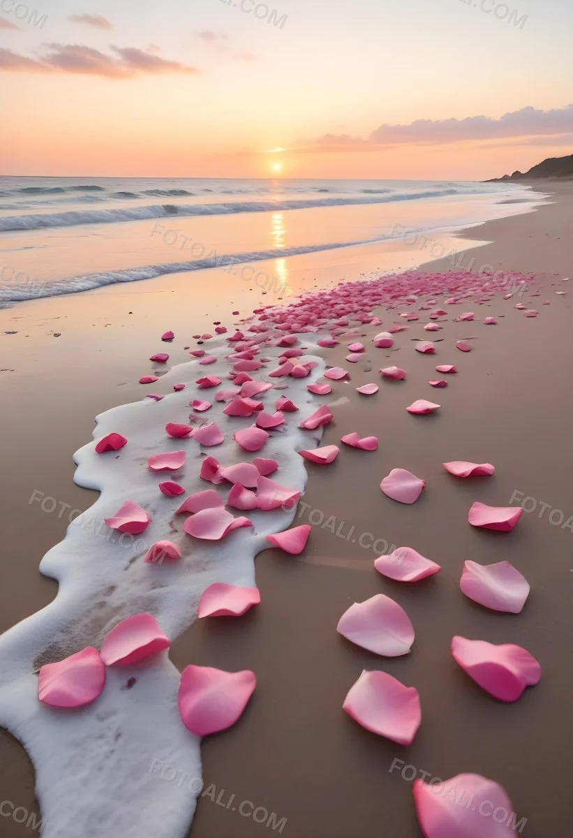 Pink Rose Petals Scattered On The Beach With The Ocean And Sunset In The Background 13 3822