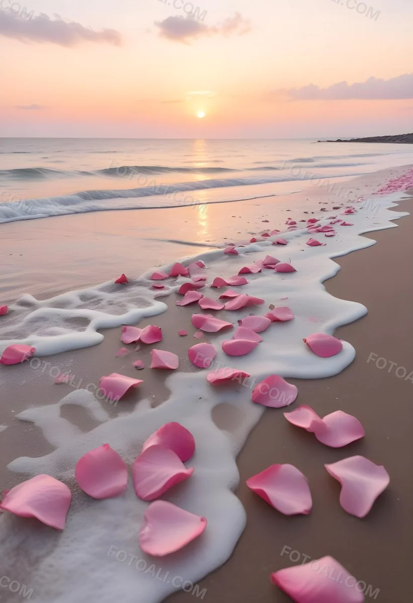 Pink Rose Petals Scattered On The Beach With The Ocean And Sunset In The Background 15 6050