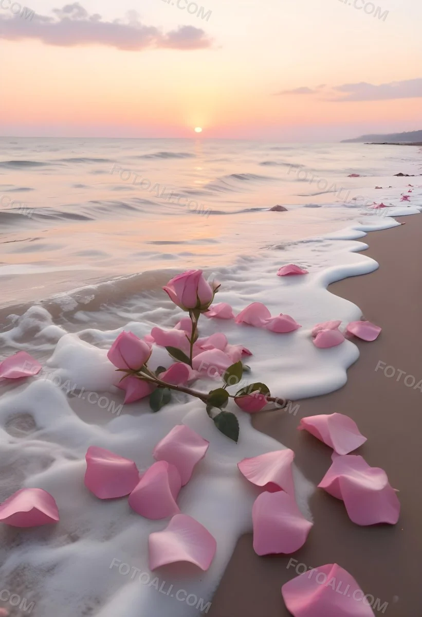 Pink Rose Petals Scattered On The Beach With The Ocean And Sunset In The Background 16 6413