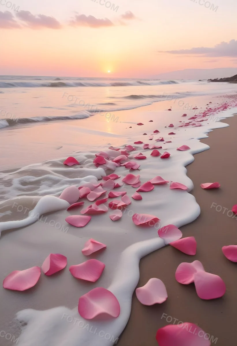 Pink Rose Petals Scattered On The Beach With The Ocean And Sunset In The Background 2 7349