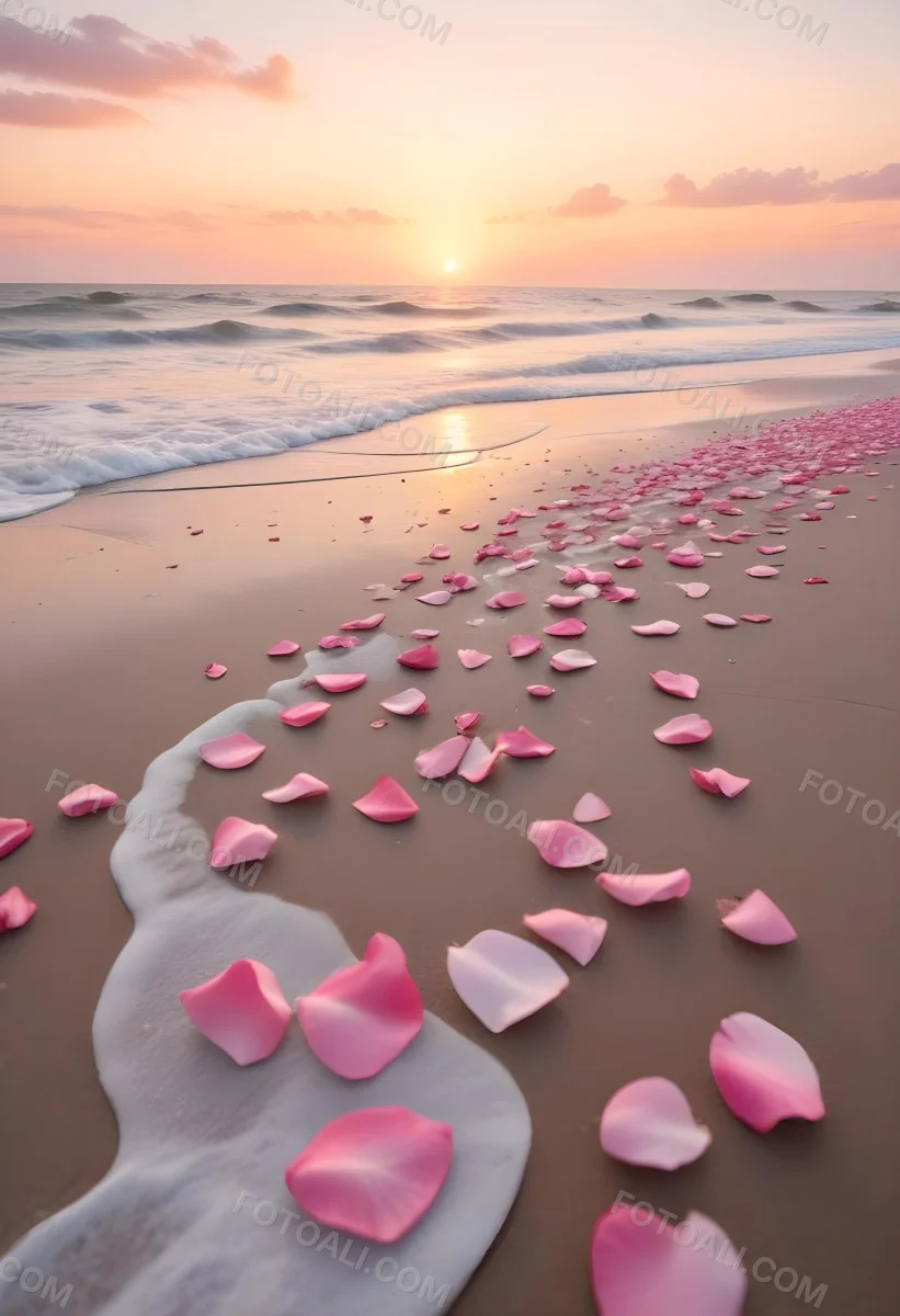 Pink Rose Petals Scattered On The Beach With The Ocean And Sunset In The Background 3 76a1