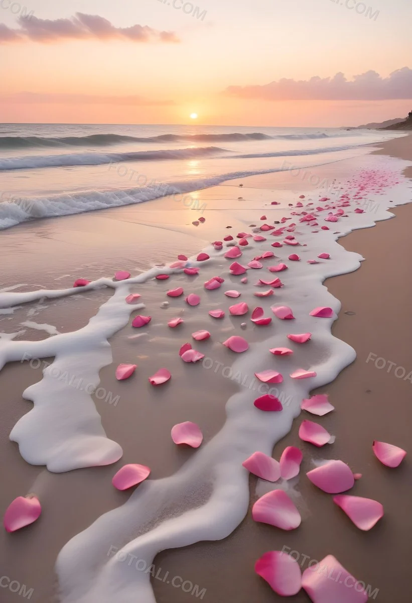 Pink Rose Petals Scattered On The Beach With The Ocean And Sunset In The Background 4 545f