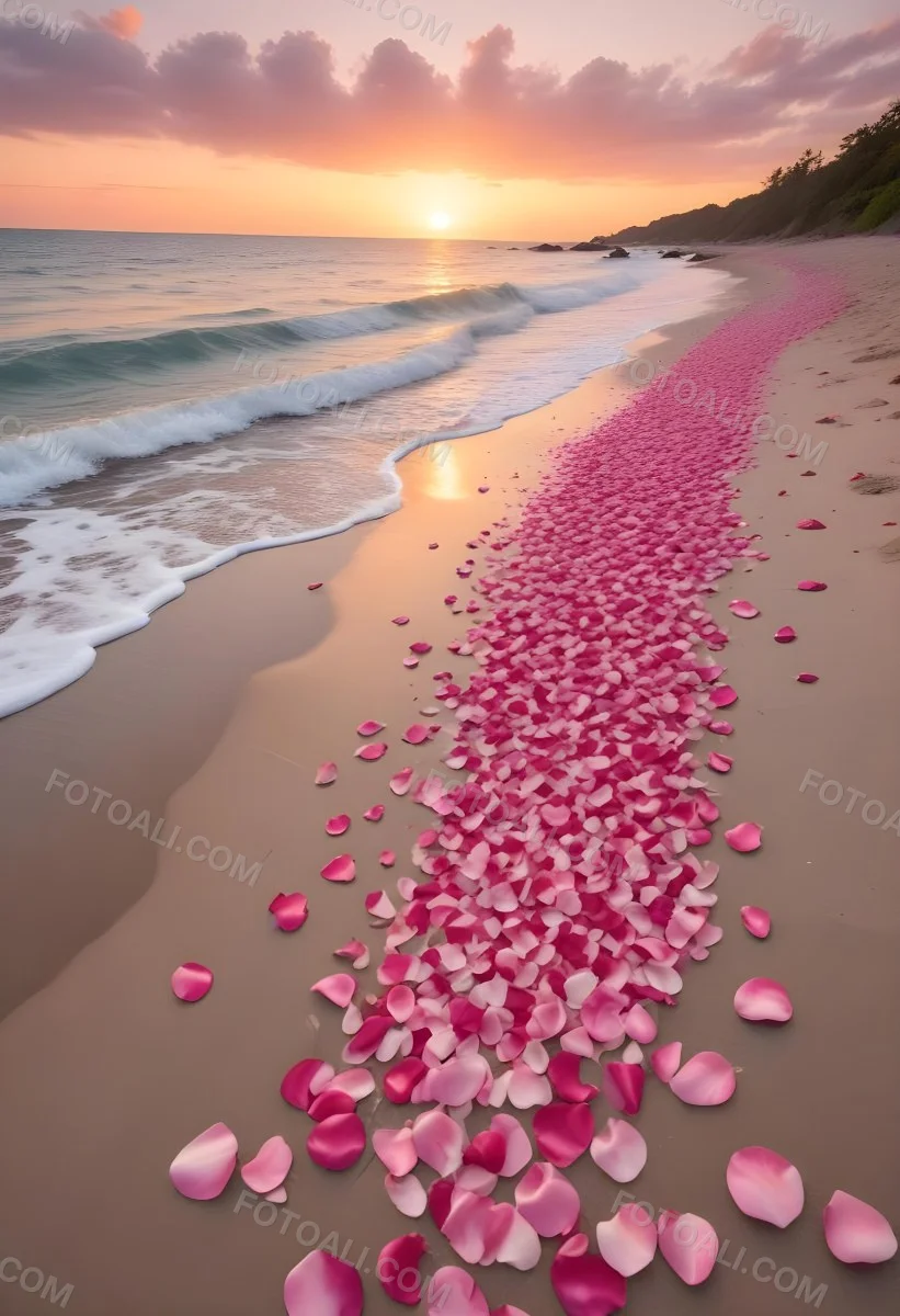 Pink Rose Petals Scattered On The Beach With The Ocean And Sunset In The Background 6 E931