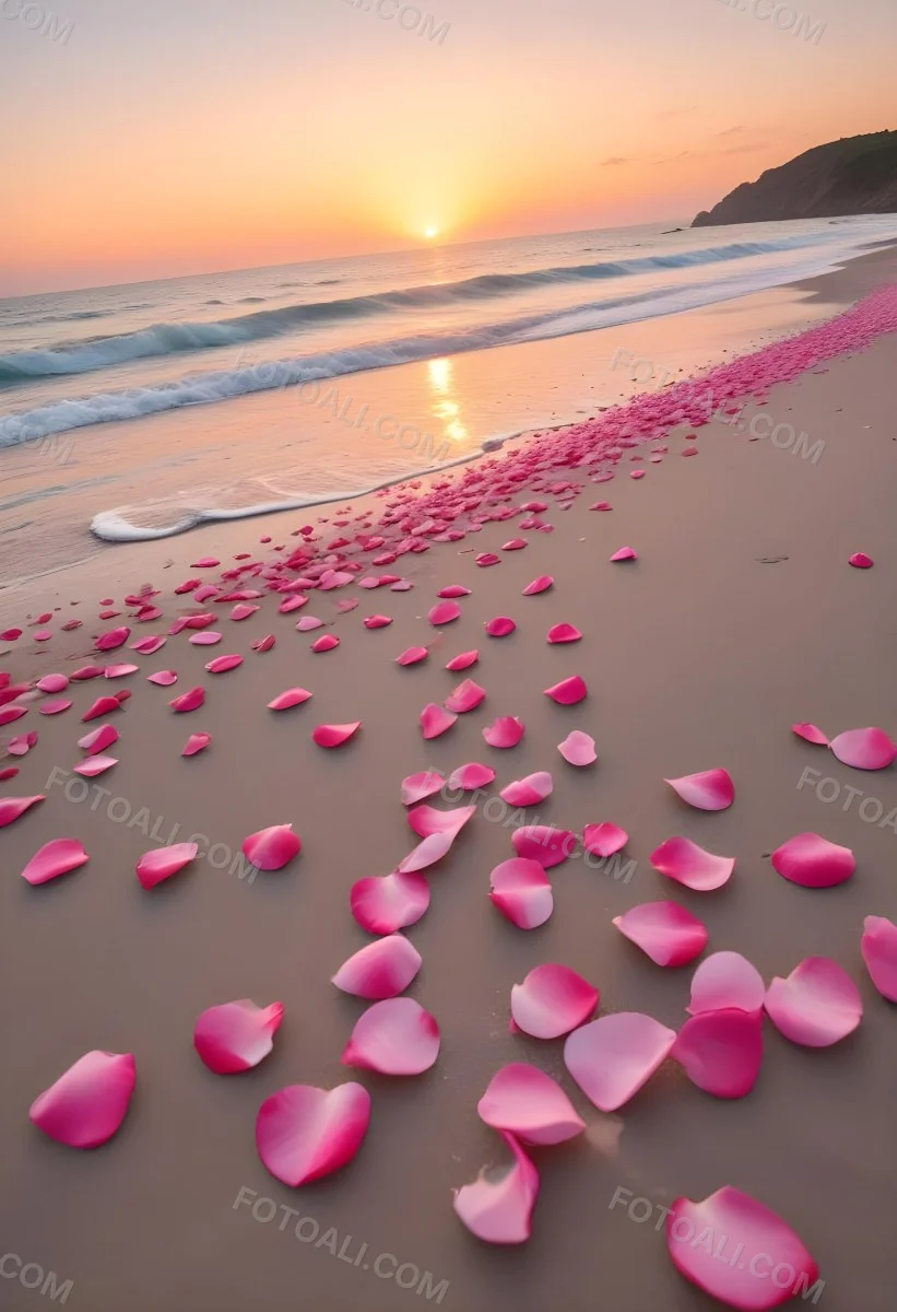 Pink Rose Petals Scattered On The Beach With The Ocean And Sunset In The Background 7 804d