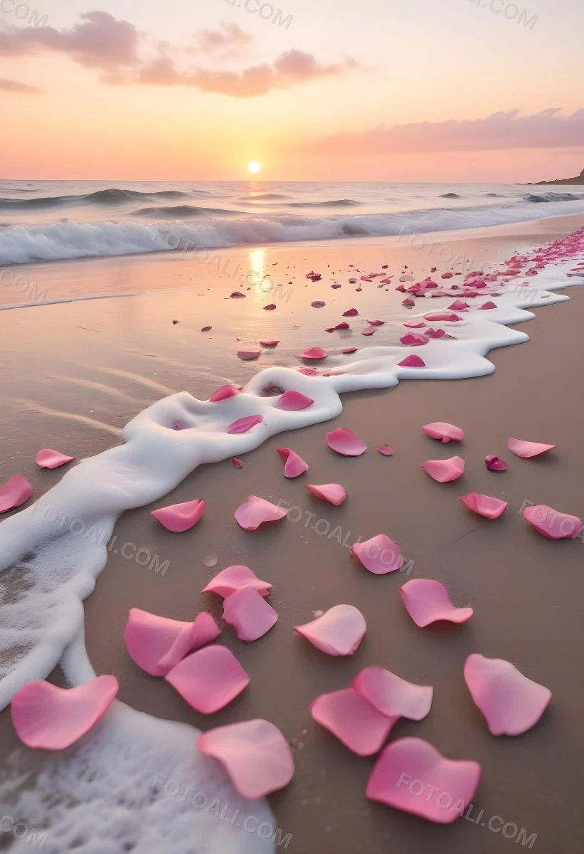 Pink Rose Petals Scattered On The Beach With The Ocean And Sunset In The Background 8 Eb1d