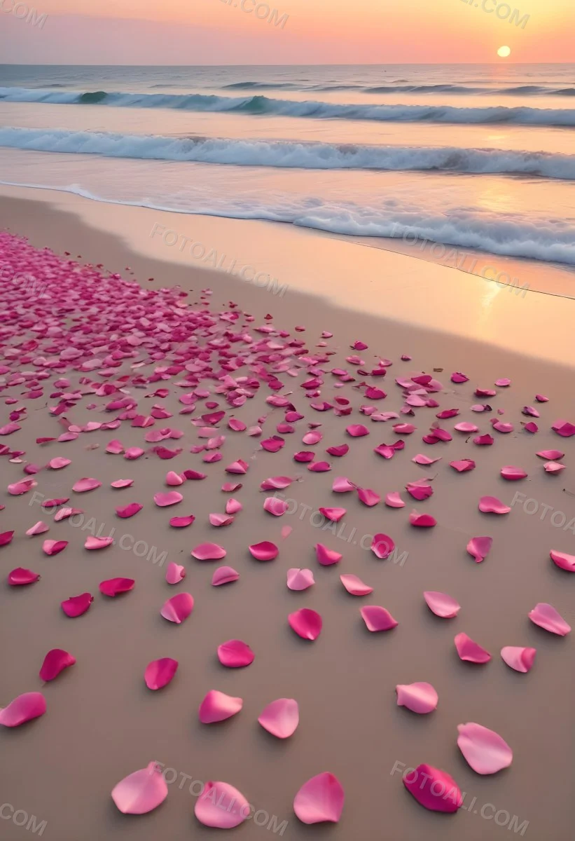 Pink Rose Petals Scattered On The Beach With The Ocean And Sunset In The Background 9 9657