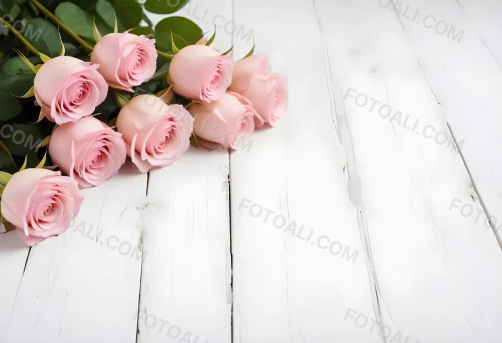 Pink Roses On A White Wooden Table 14 5b43