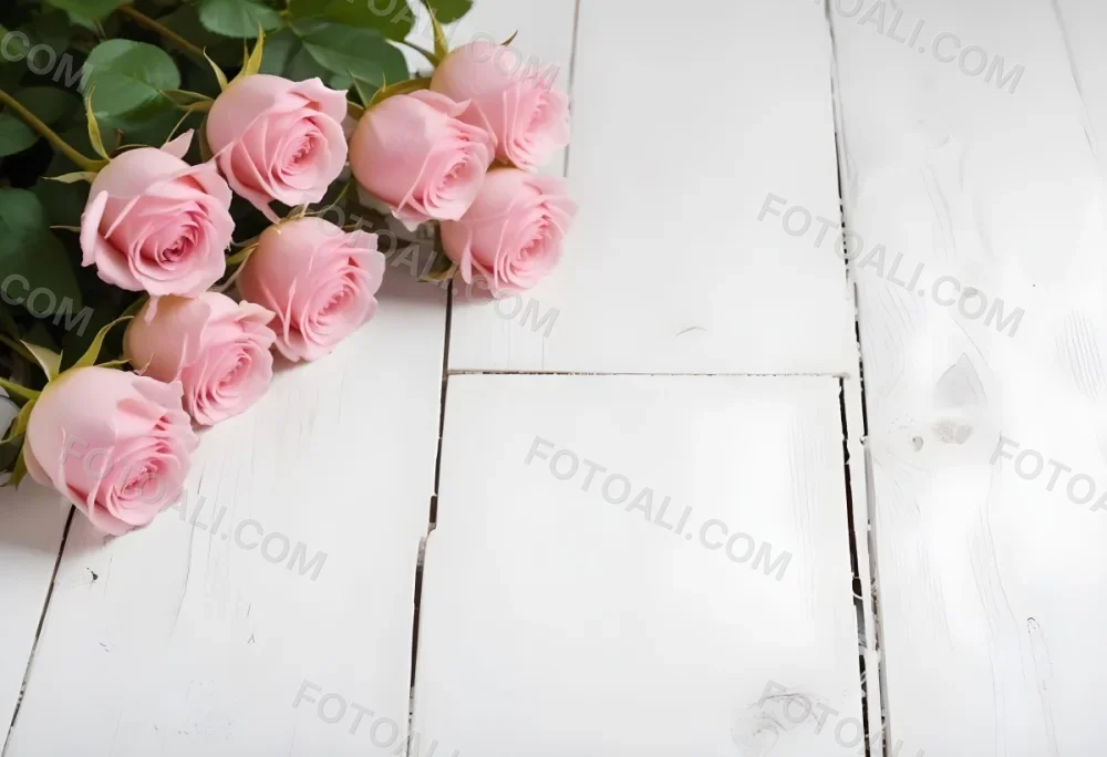 Pink Roses On A White Wooden Table 17 Db53