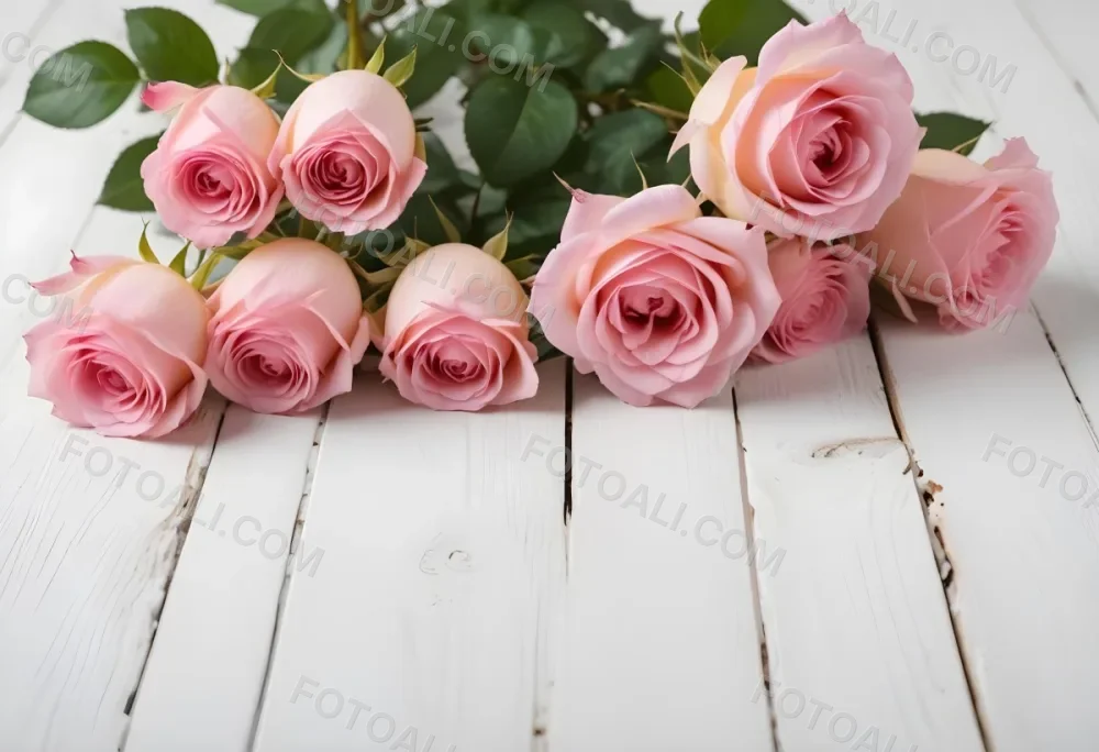 Pink Roses On A White Wooden Table 22 C0b0