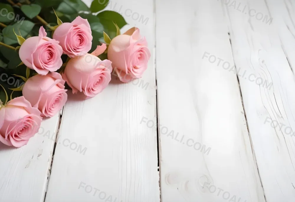 Pink Roses On A White Wooden Table 23 B4d4