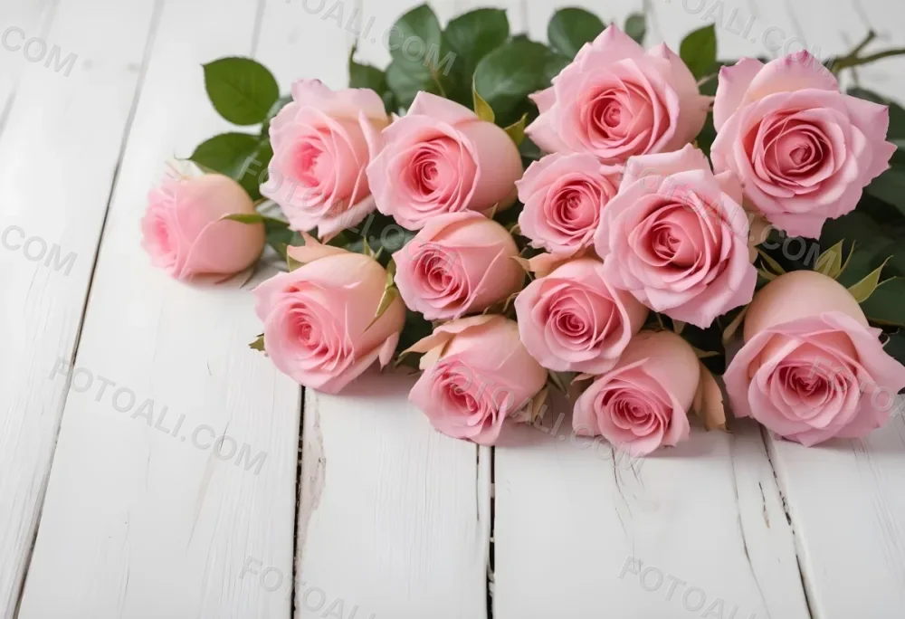 Pink Roses On A White Wooden Table 25 5a12
