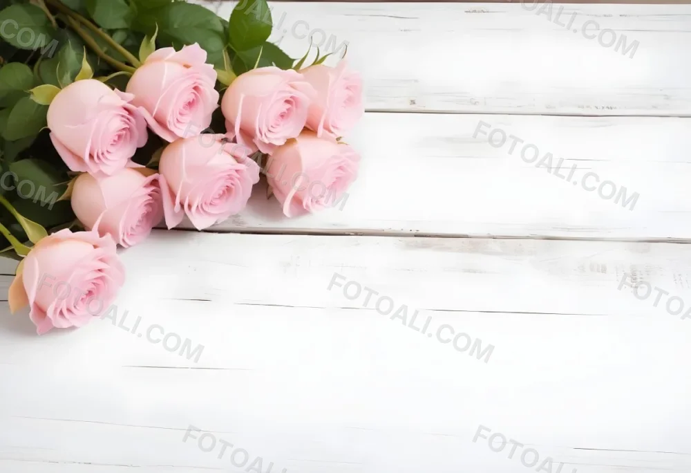 Pink Roses On A White Wooden Table 27 E98b