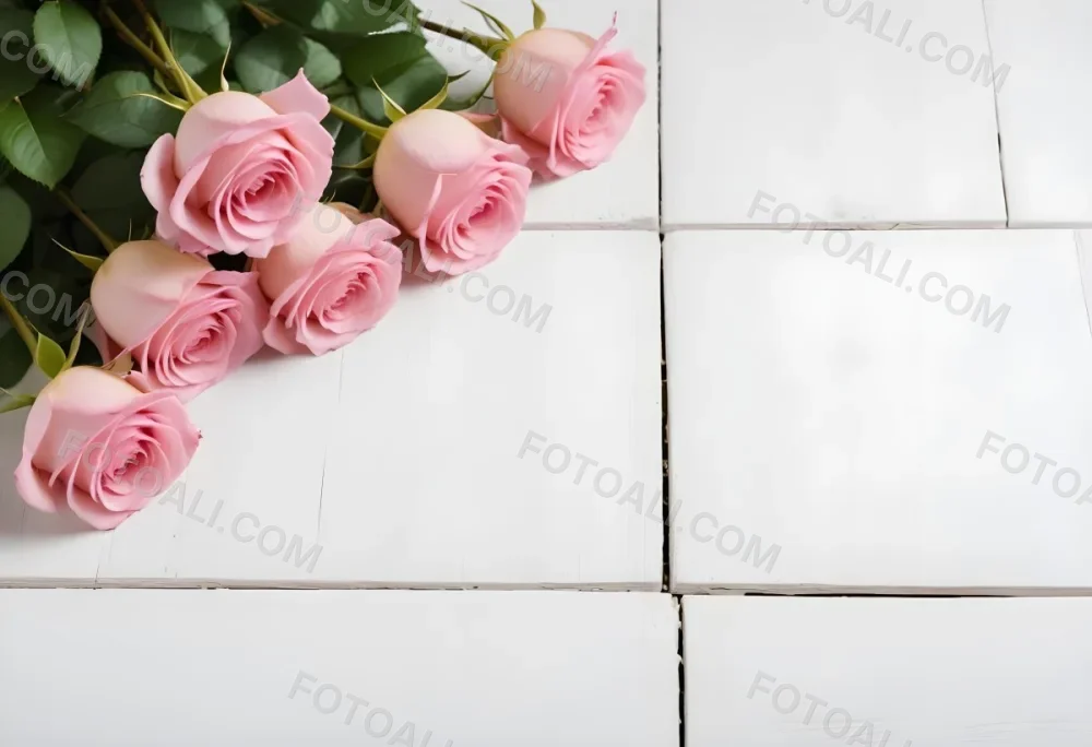 Pink Roses On A White Wooden Table 3 D390