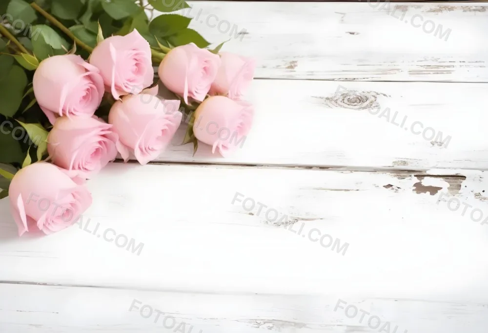 Pink Roses On A White Wooden Table 6 8269