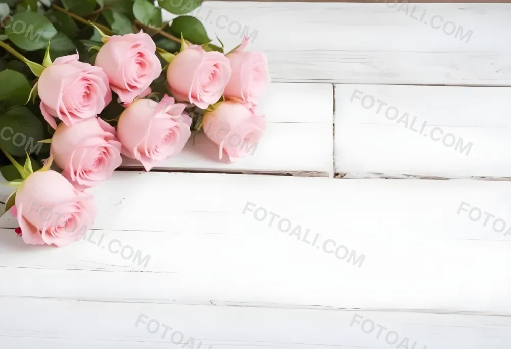 Pink Roses On A White Wooden Table 8 F812