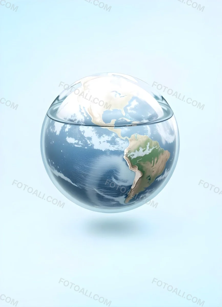 Planet Earth Inside A Water Bubble With South America In Front Water Splashing Inside The Bubble Light Blue Background 24 419b