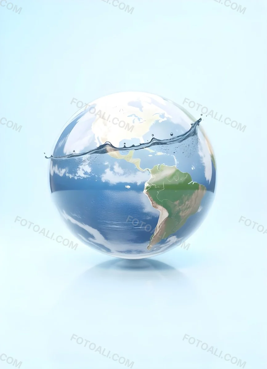 Planet Earth Inside A Water Bubble With South America In Front Water Splashing Inside The Bubble Light Blue Background 9 A570