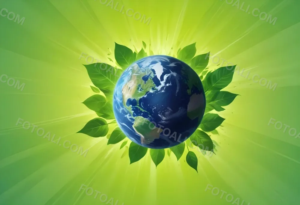 Planet Earth Surrounded By Four Green Leaves On A Bright Green Background With Radial Rays Emanating From The Center 11 9a36