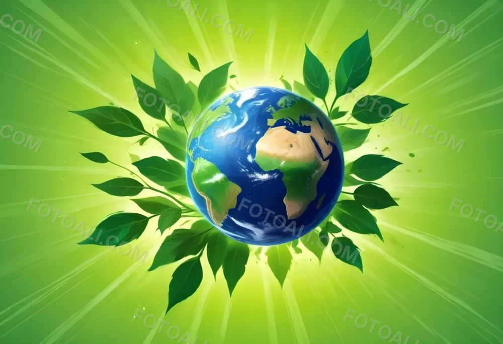 Planet Earth Surrounded By Four Green Leaves On A Bright Green Background With Radial Rays Emanating From The Center 15 8e3c