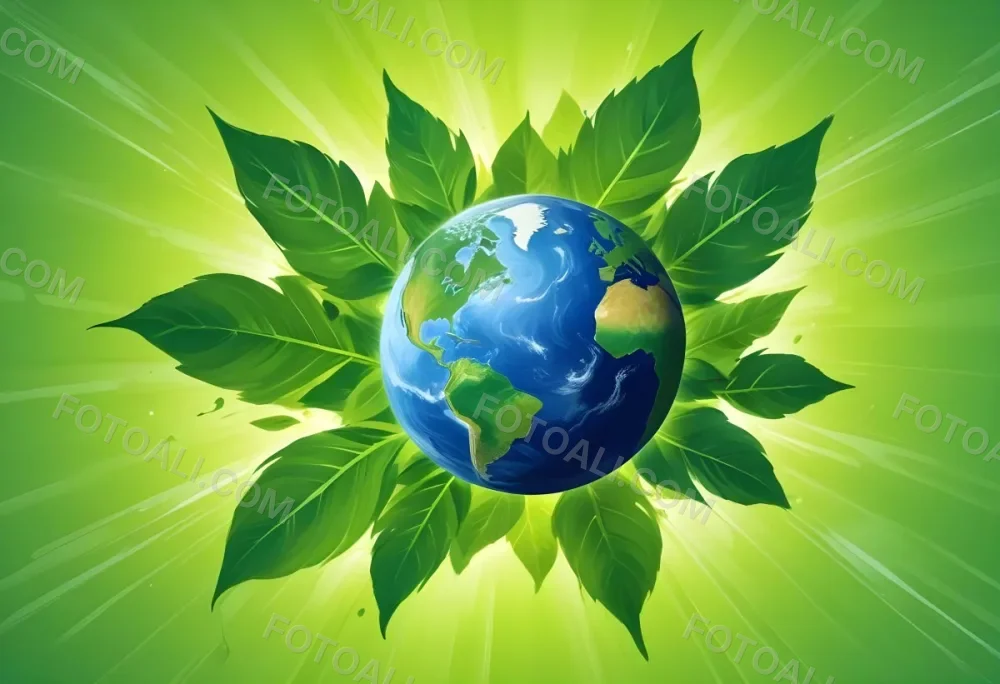 Planet Earth Surrounded By Four Green Leaves On A Bright Green Background With Radial Rays Emanating From The Center 23 F0b8