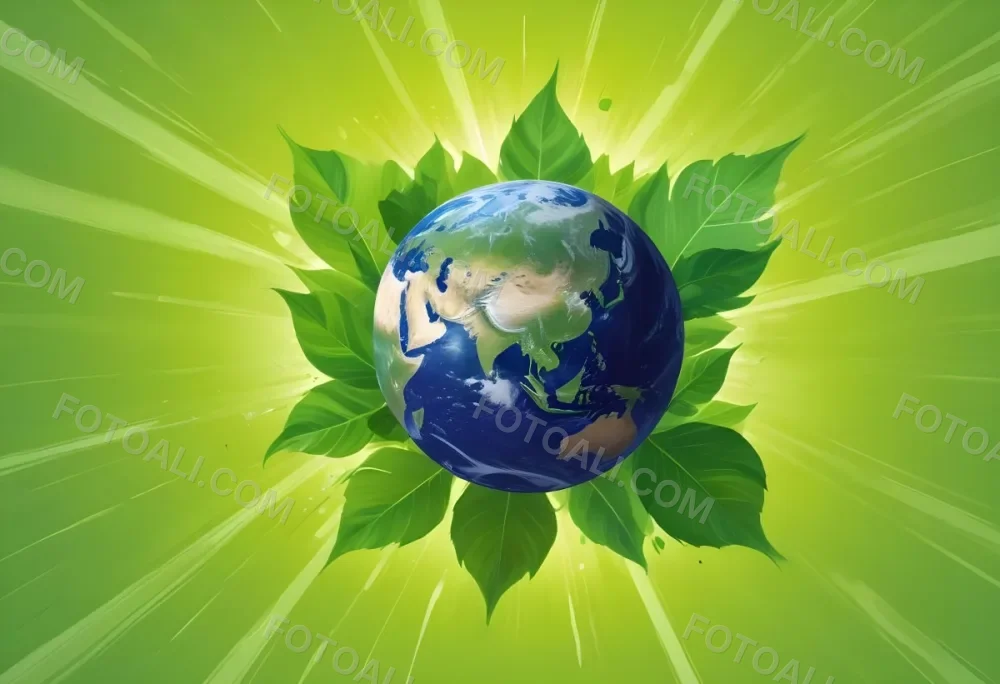 Planet Earth Surrounded By Four Green Leaves On A Bright Green Background With Radial Rays Emanating From The Center 27 17b5