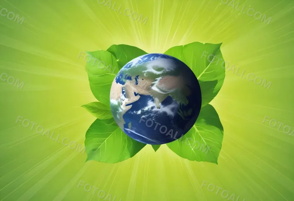 Planet Earth Surrounded By Four Green Leaves On A Bright Green Background With Radial Rays Emanating From The Center 32 992e