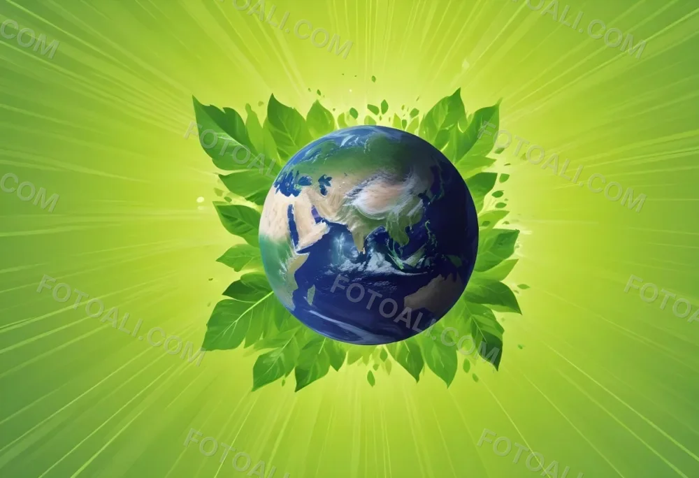 Planet Earth Surrounded By Four Green Leaves On A Bright Green Background With Radial Rays Emanating From The Center 36 3263