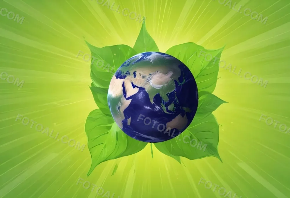 Planet Earth Surrounded By Four Green Leaves On A Bright Green Background With Radial Rays Emanating From The Center 4 21d3