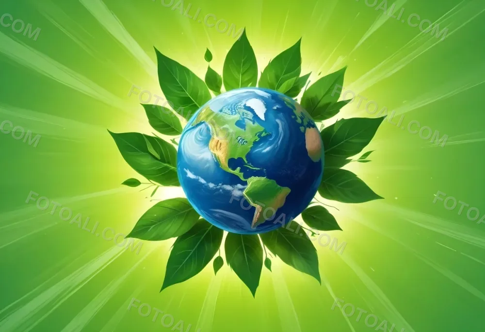 Planet Earth Surrounded By Four Green Leaves On A Bright Green Background With Radial Rays Emanating From The Center 42 C22c