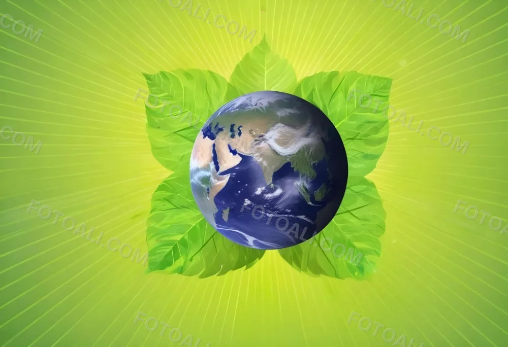 Planet Earth Surrounded By Four Green Leaves On A Bright Green Background With Radial Rays Emanating From The Center 43 14aa
